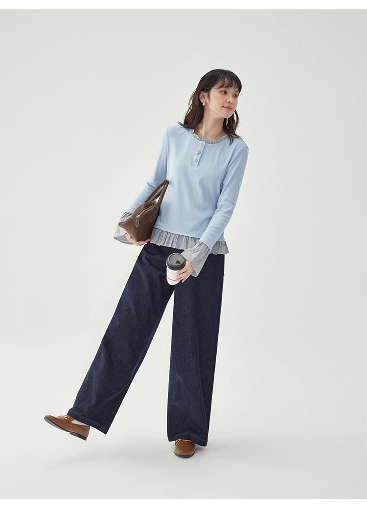 撞色拼接襯衫喇叭袖t卹女秋季新款寬鬆長袖上衣