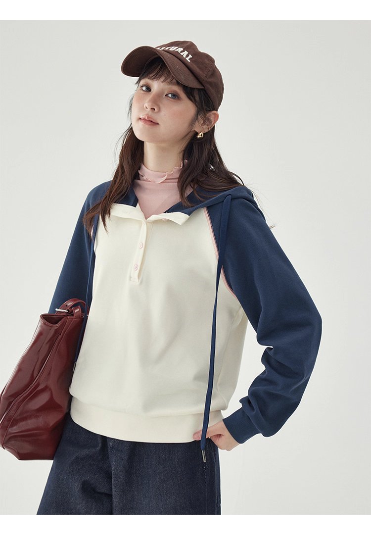 撞色插肩長袖連帽衛衣T恤女25秋季新款減齡上衣