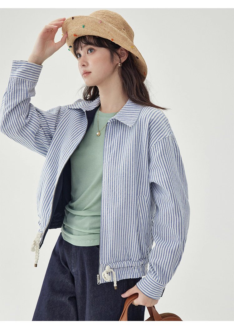 韓國翻領兩面穿拉鍊外套女秋季新款純棉長袖上衣