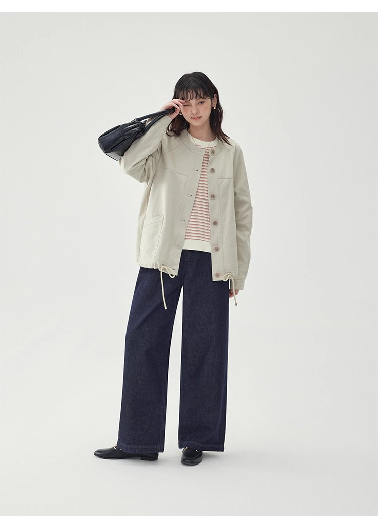 純色單排扣抽繩下擺外套女秋季新款圓領長袖上衣