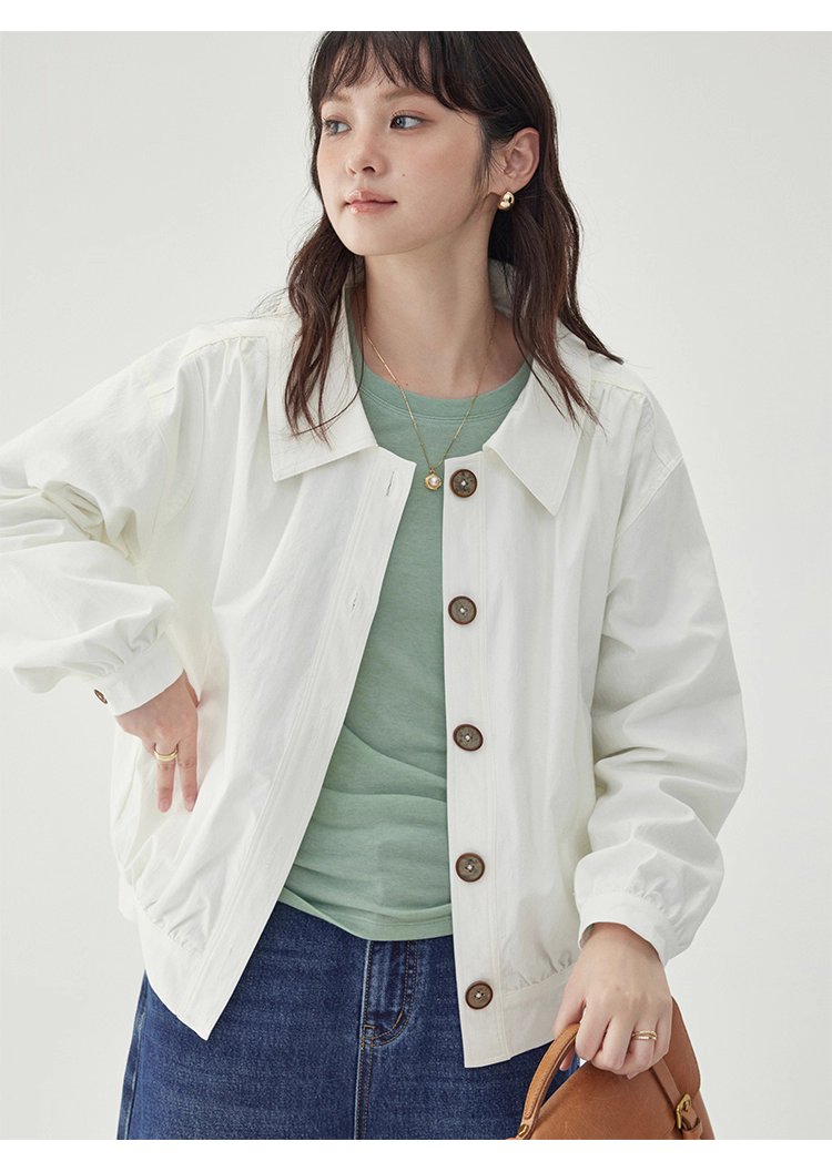 白色單排扣polo領長袖外套女25秋季新款寬鬆上衣