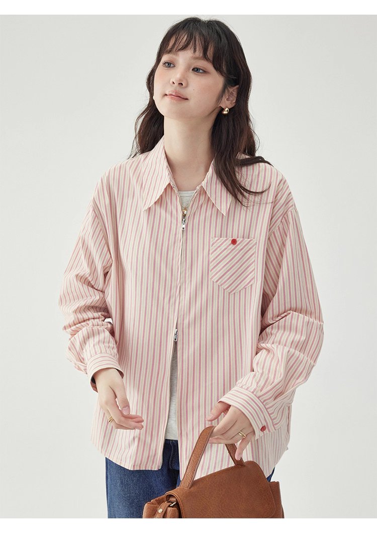 粉紅色圖案雙拉鍊長袖襯衫女秋季新款純棉外套上衣