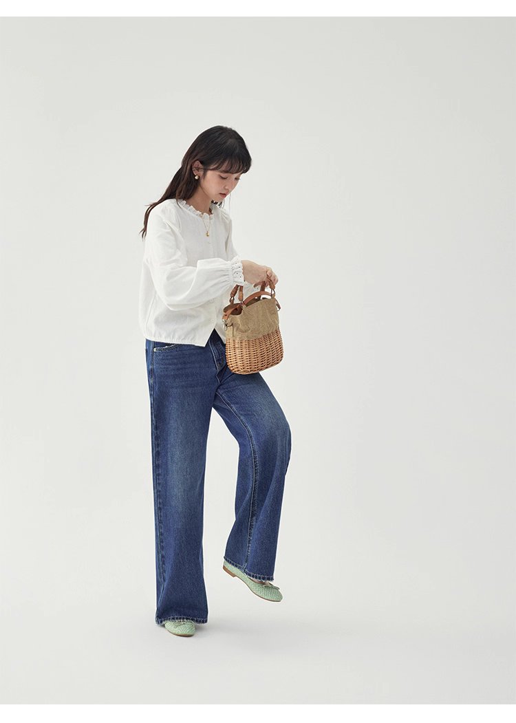 花邊長袖後貼花片白襯衫女秋季新款甜美純棉上衣