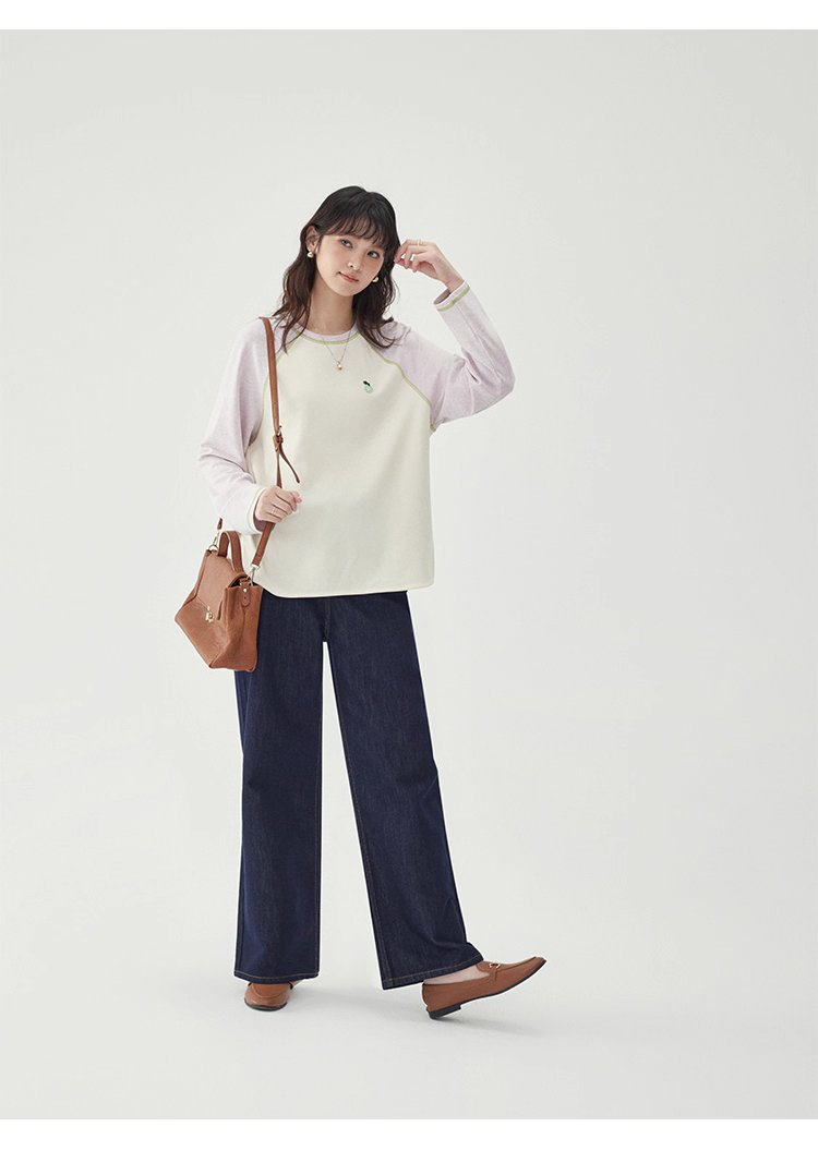 撞色插肩長袖側開叉T恤女秋季新款減齡刺繡上衣