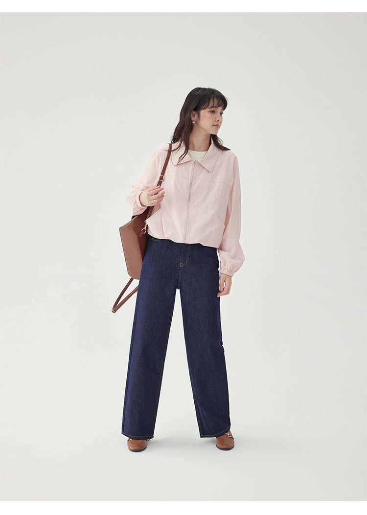 少女感粉紅拉鍊長袖外套女秋季新款翻領短版上衣