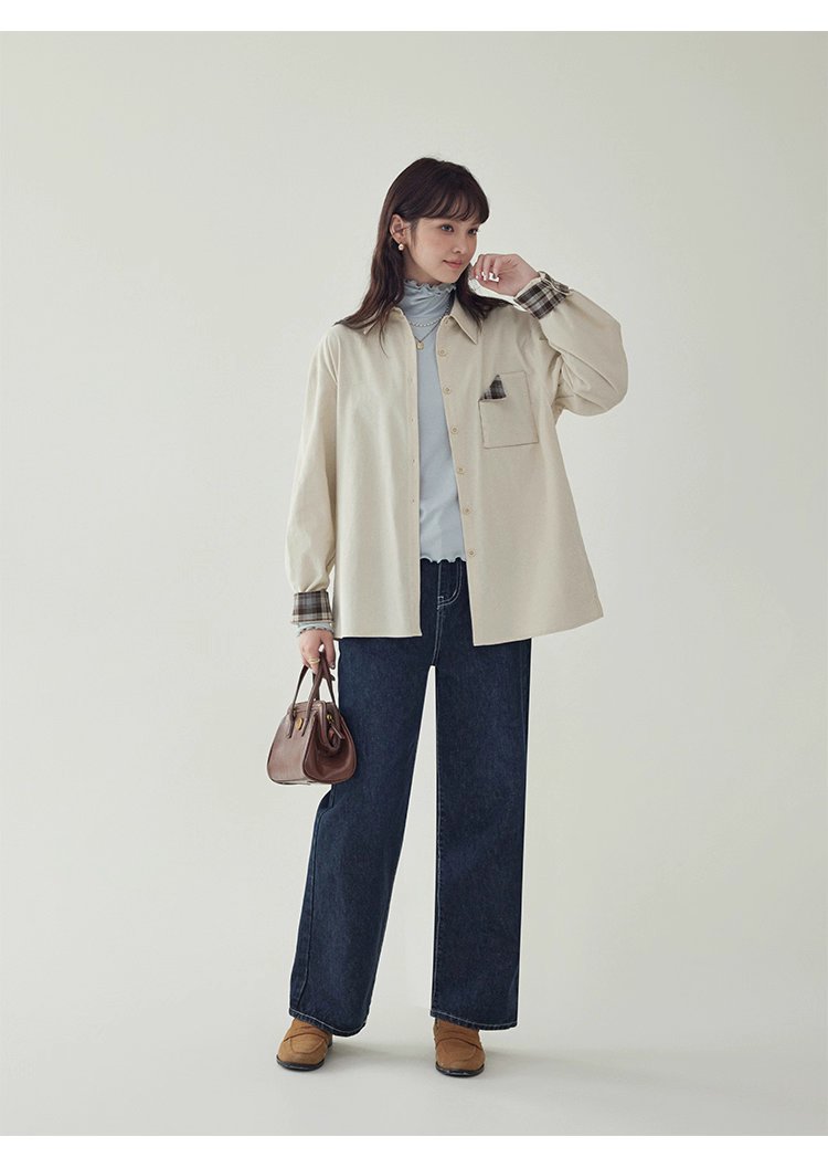 撞色格紋燈芯絨長袖襯衫女秋季新款翻領外套上衣