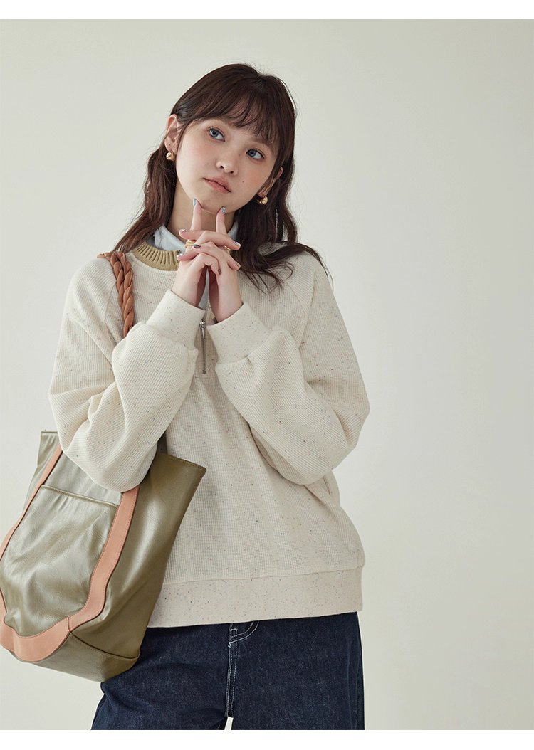 撞色彩點半開拉鍊衛衣T恤女秋季新款插肩袖上衣