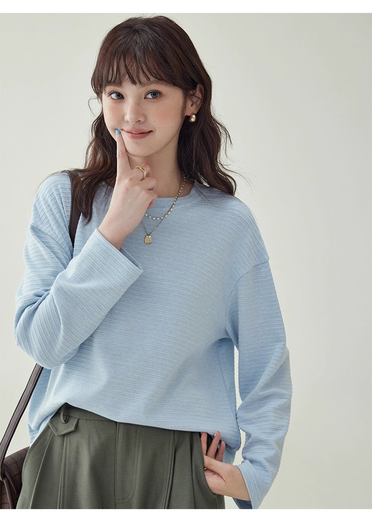 韓系藍線圓領長袖T恤女秋季新款簡約寬鬆上衣