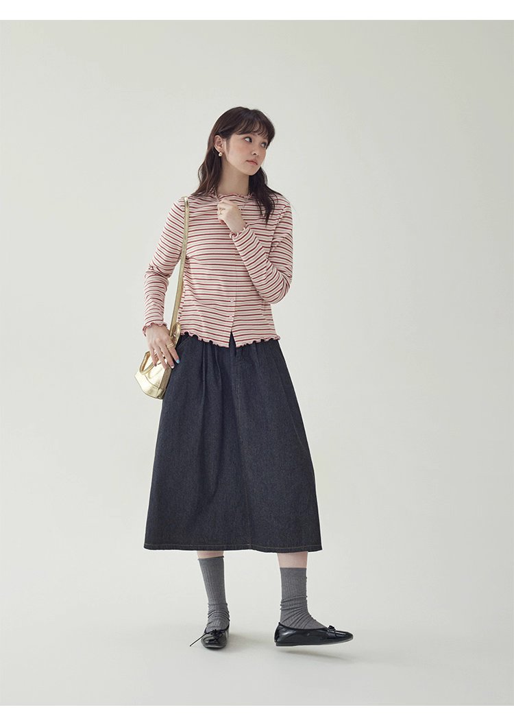 下擺扣條紋兩穿內搭T恤女秋新款花邊長袖上衣