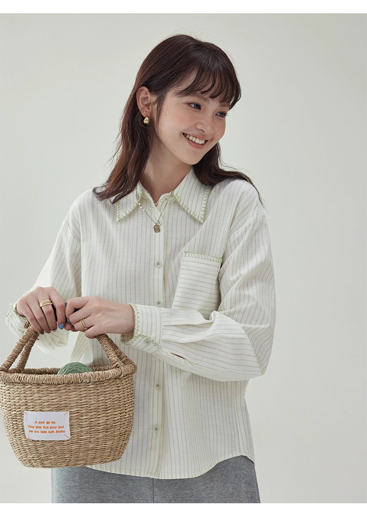 反線條單排扣長袖襯衫女秋季新款polo領寬鬆上衣