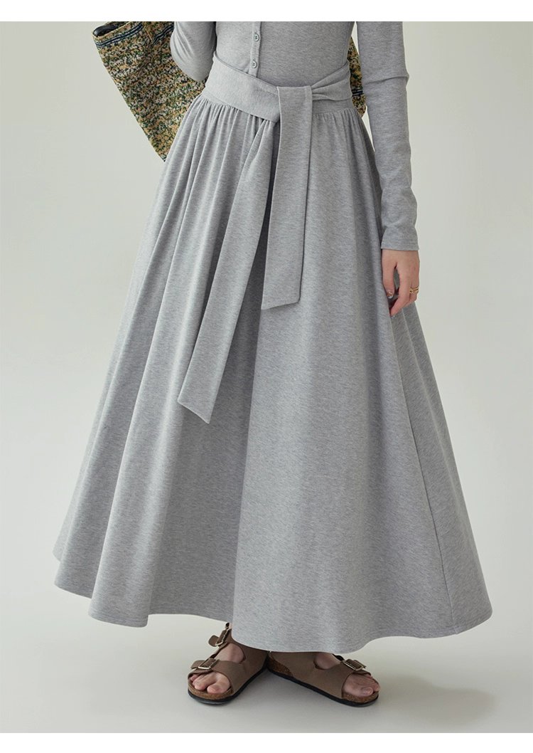 灰色修身高腰綁帶洋裝女秋新款長袖收腰T恤裙