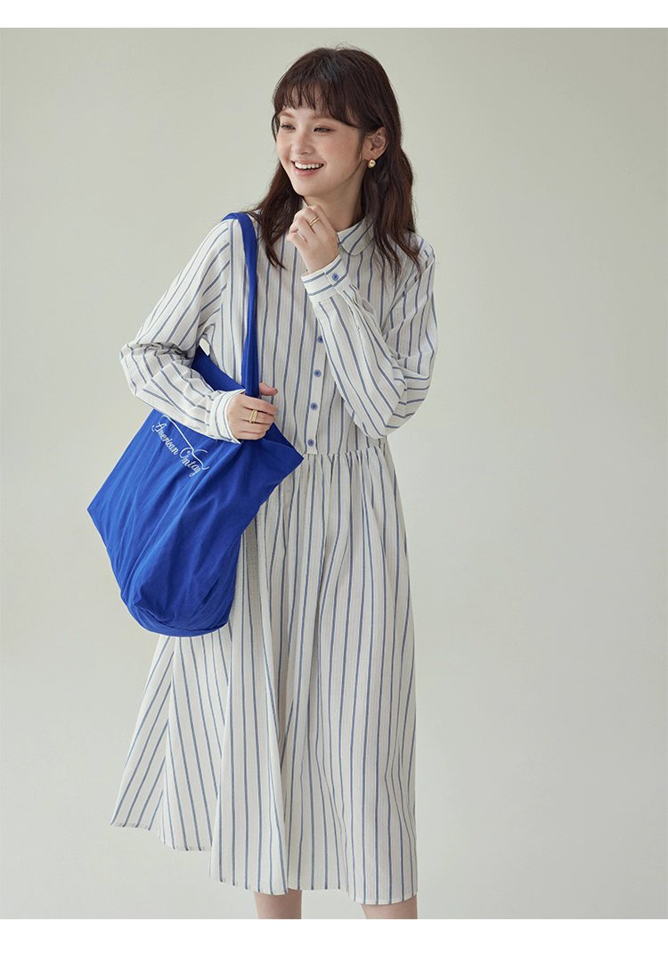 藍條紋娃娃領純棉洋裝女秋新款寬鬆長袖襯衫裙,藍條紋娃娃領純棉洋裝女秋新款寬鬆長袖襯衫裙,HBEW7043,藍條紋娃娃領純棉洋裝女秋新款寬鬆長袖襯衫裙,襯衫洋裝,全棉面料