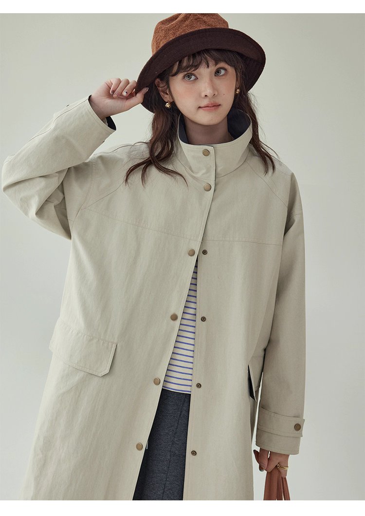 日系純色立領長風衣外套女秋新款寬鬆長袖上衣