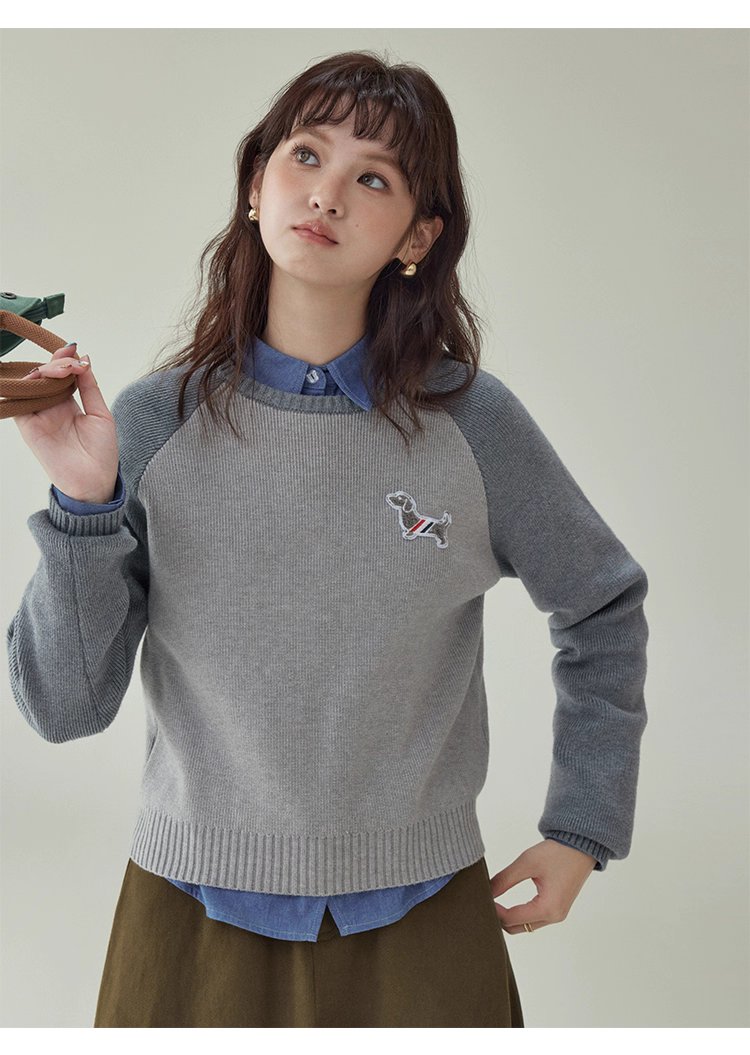 拼色插肩長袖短版針織衫女秋季新款小狗刺繡上衣