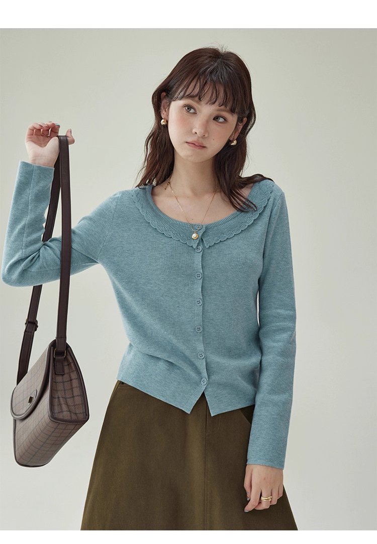 藍色圓領針織衫女秋季絕美短款修身長袖開襟衫上衣
