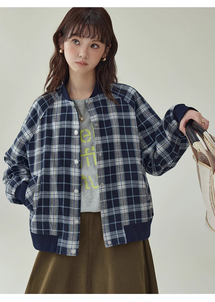 撞色格紋插肩袖摁扣外套女秋季新款長袖外套上衣