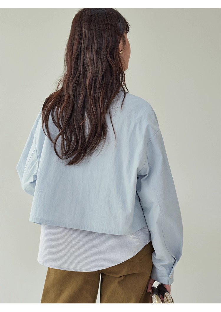 藍色假兩件外套襯衫女秋季超好看單排扣長袖上衣,藍色假兩件外套襯衫女秋季超好看單排扣長袖上衣,HBEW5073,藍色假兩件外套襯衫女秋季超好看單排扣長袖上衣,假兩件式,造型加分