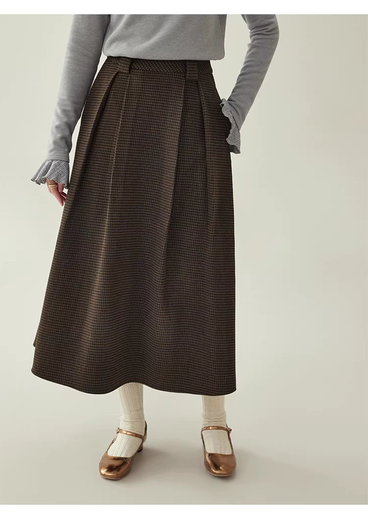 復古壓褶格紋高腰半身裙女25冬季新款a字中長裙,復古壓褶格紋高腰半身裙女25冬季新款a字中長裙,HBEW2031,復古壓褶格紋高腰半身裙女25冬季新款a字中長裙,復古格紋,高腰壓摺