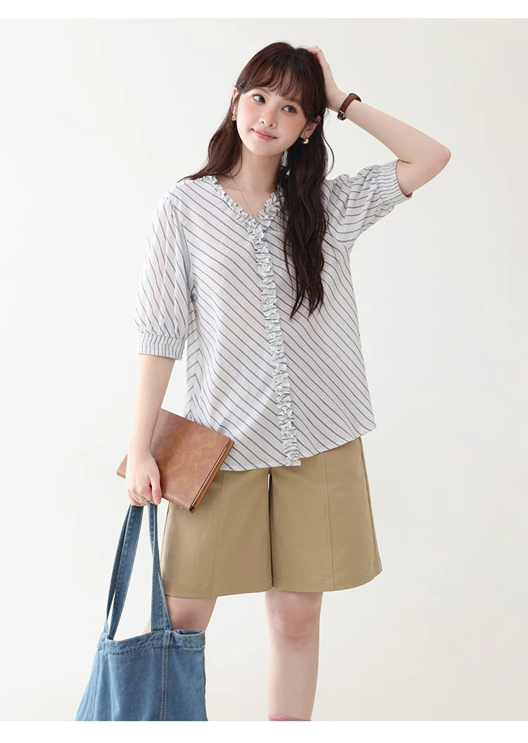 藍條紋v領木耳邊襯衫女夏季新款純棉五分袖上衣,藍條紋v領木耳邊襯衫女夏季新款純棉五分袖上衣,HBFS1098,藍條紋v領木耳邊襯衫女夏季新款純棉五分袖上衣,荷葉邊領,全棉面料
