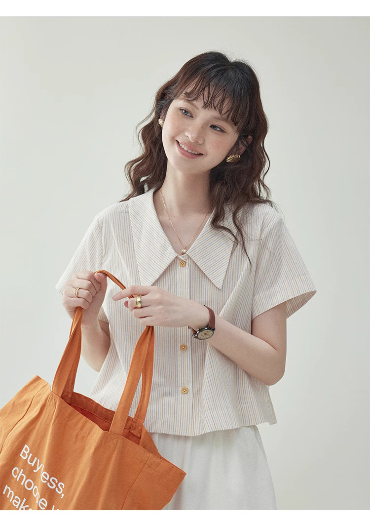 彩色條紋polo領純棉襯衫女夏季新款寬鬆短袖上衣