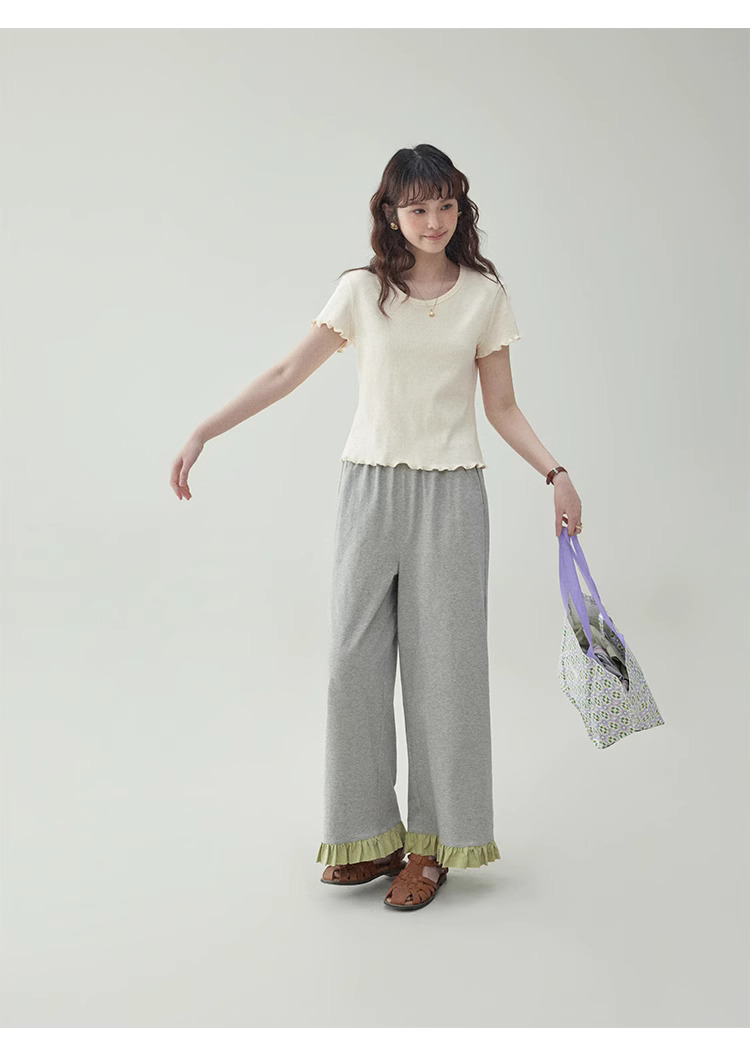 木耳邊純棉短袖提花t卹女夏新款純色短上衣