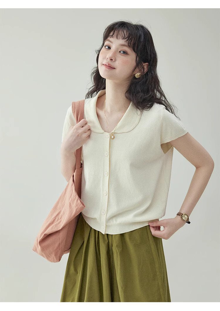 溫柔紫色娃娃v領針織衫女夏季新款短袖扣上衣
