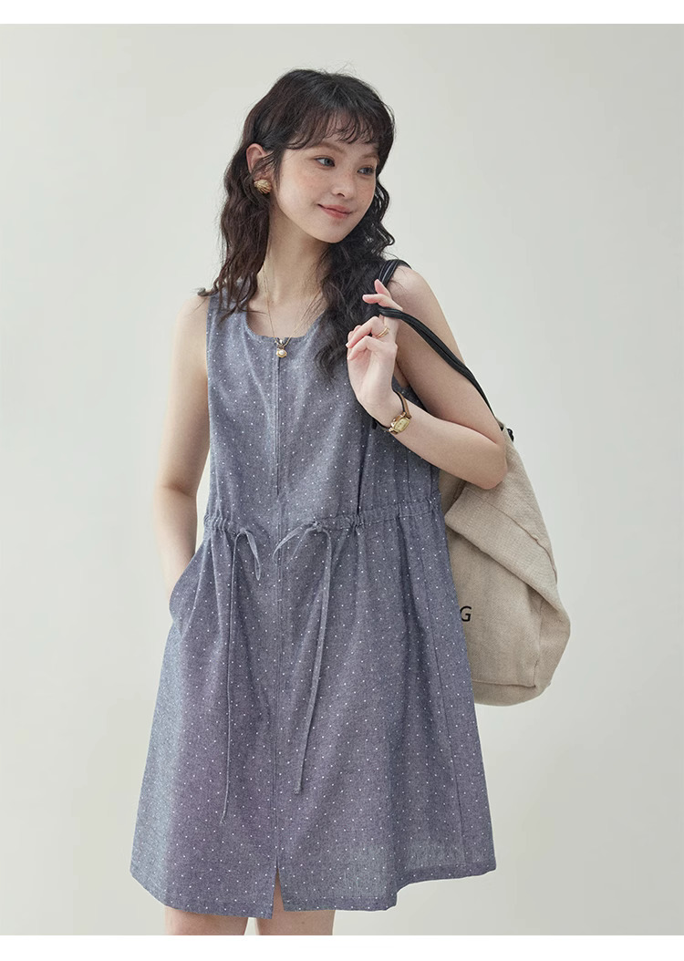 韓系波點無袖拉鍊洋裝女夏季新款抽繩背心短裙