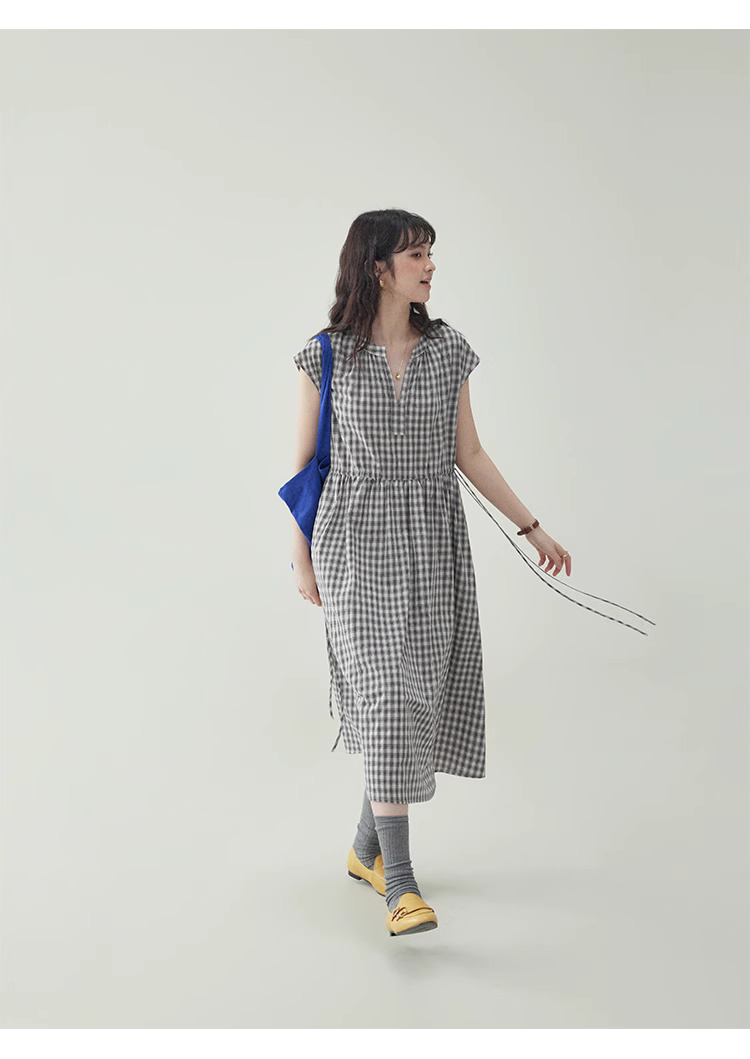 黑格抽繩v領純棉洋裝女夏季新款a字短袖中長裙