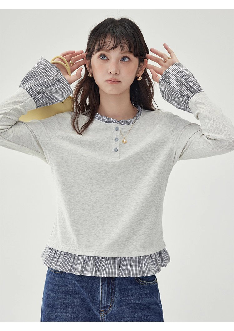 撞色拼接襯衫喇叭袖t卹女秋季新款寬鬆長袖上衣