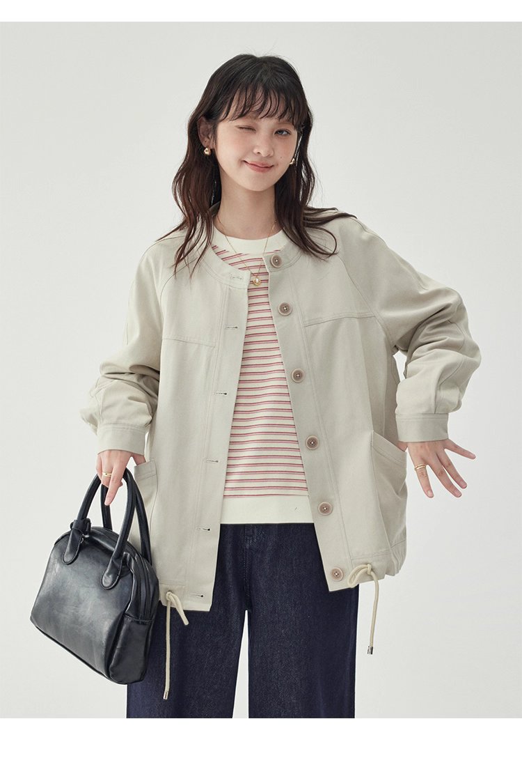 純色單排扣抽繩下擺外套女秋季新款圓領長袖上衣