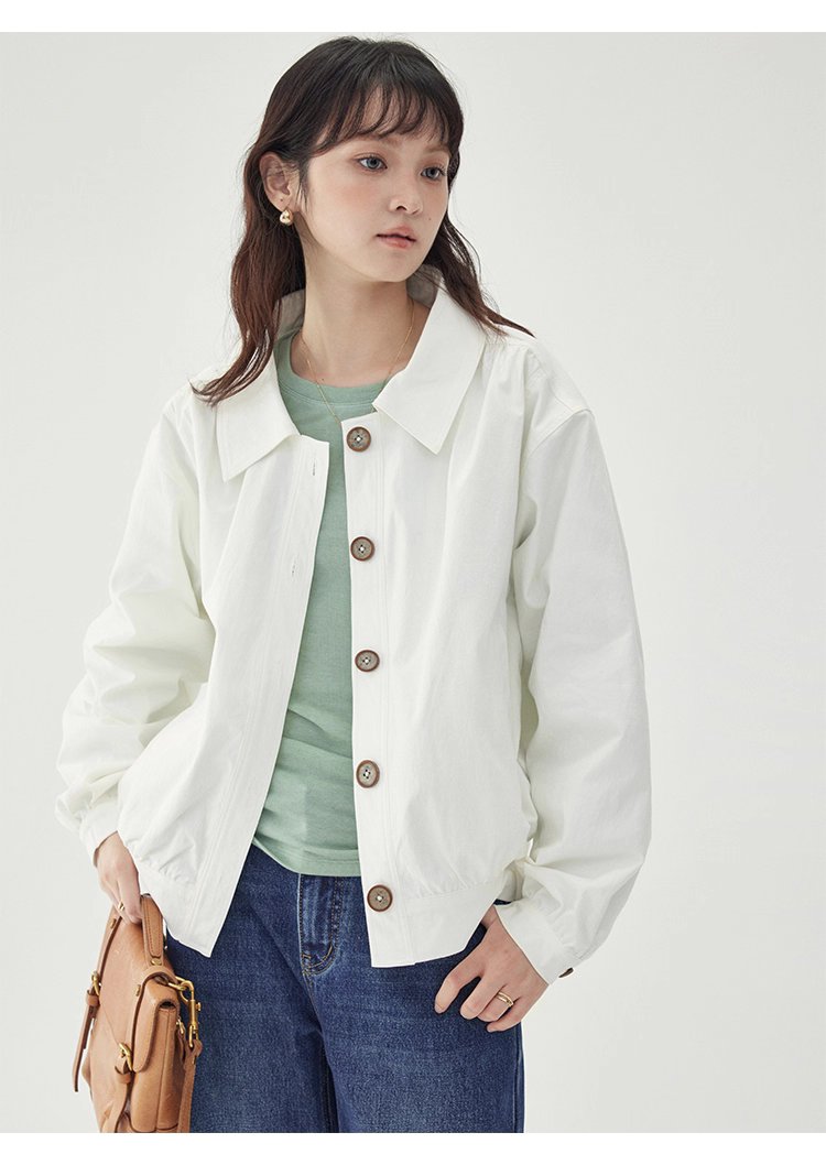 白色單排扣polo領長袖外套女25秋季新款寬鬆上衣