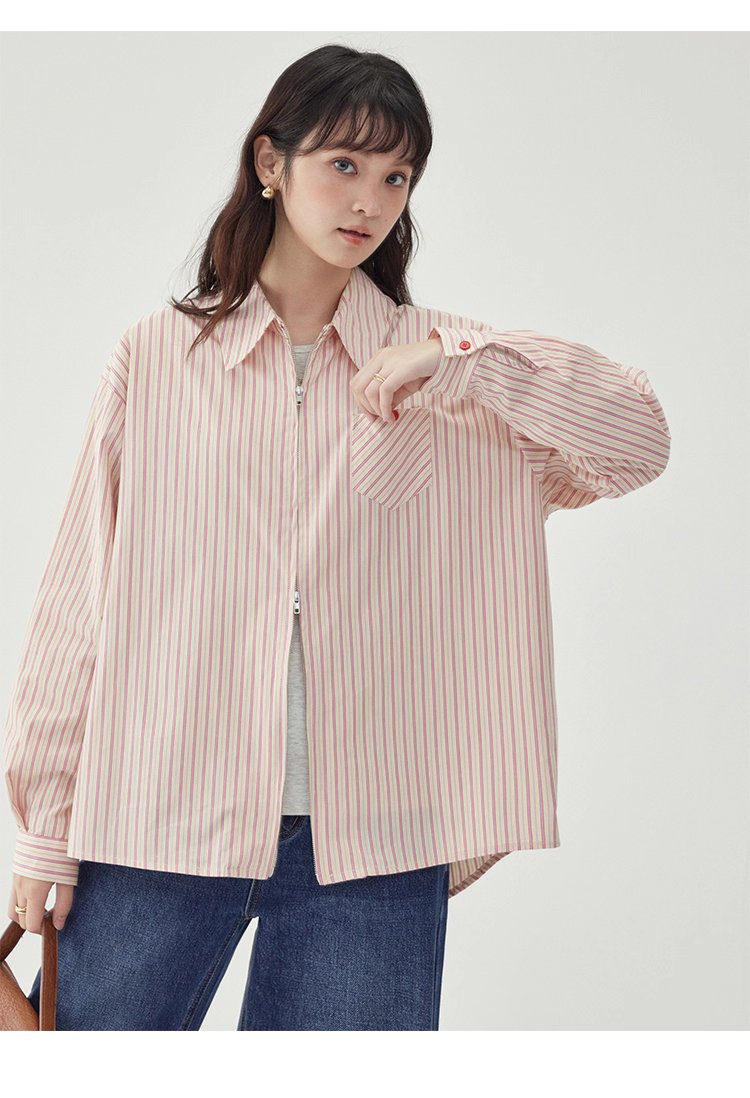 粉紅色圖案雙拉鍊長袖襯衫女秋季新款純棉外套上衣