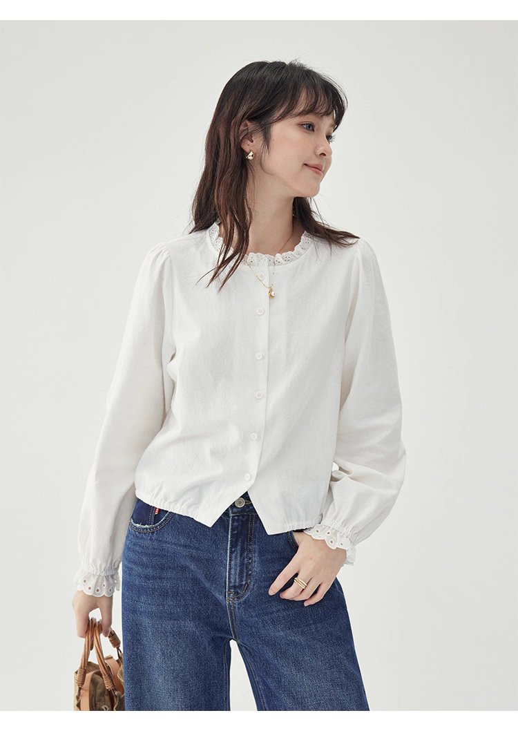 花邊長袖後貼花片白襯衫女秋季新款甜美純棉上衣