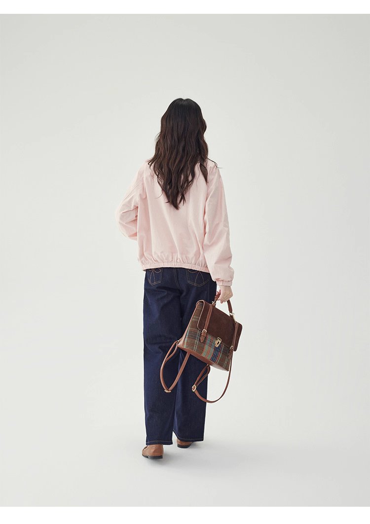 少女感粉紅拉鍊長袖外套女秋季新款翻領短版上衣