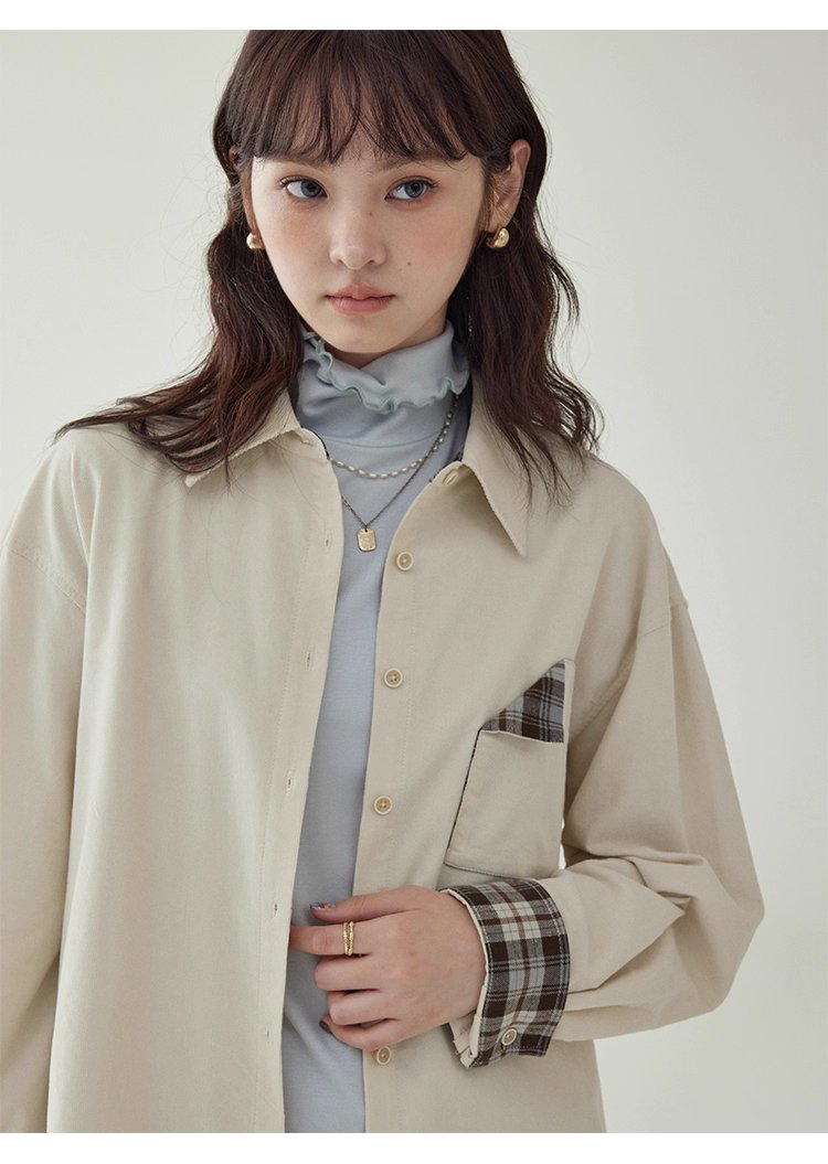 撞色格紋燈芯絨長袖襯衫女秋季新款翻領外套上衣