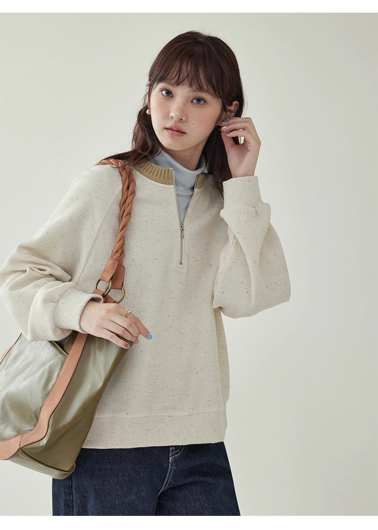 撞色彩點半開拉鍊衛衣T恤女秋季新款插肩袖上衣