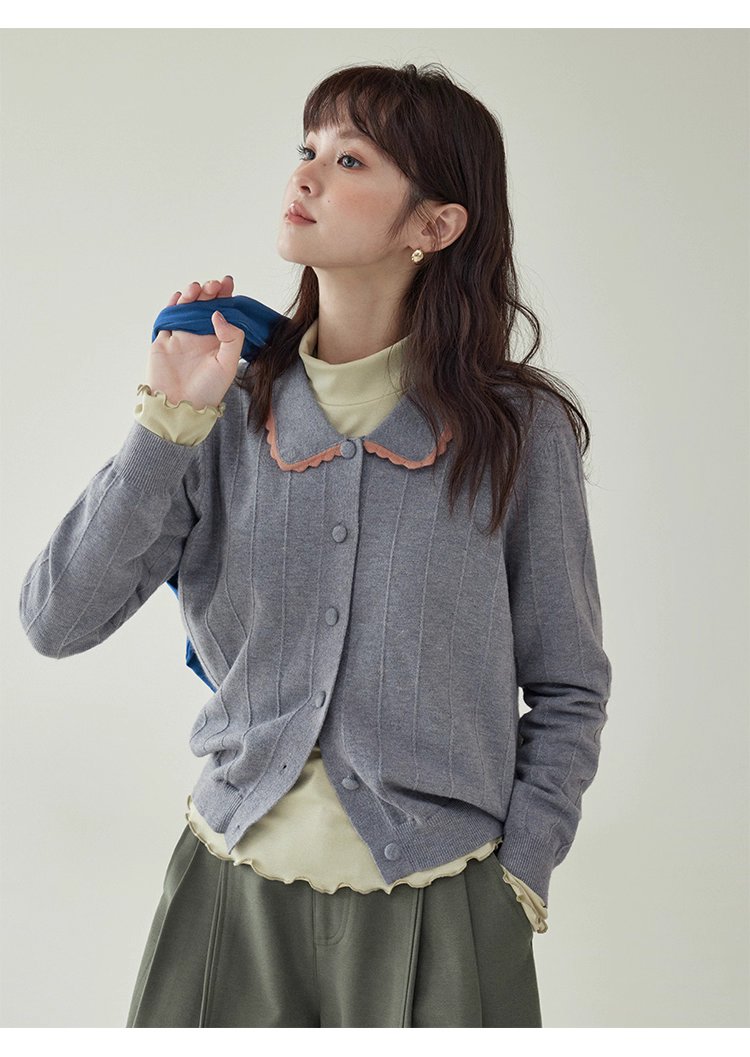 韓系撞色翻領針織開襟衫女秋季新款單排扣長袖上衣