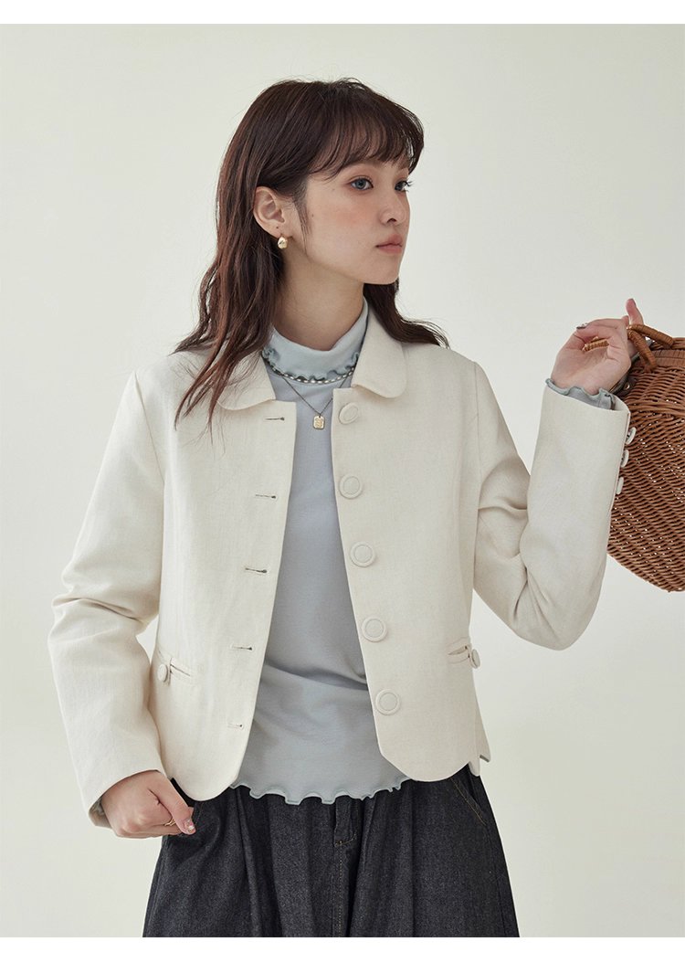 小香風純色單排扣短外套女秋新款波浪擺長袖上衣