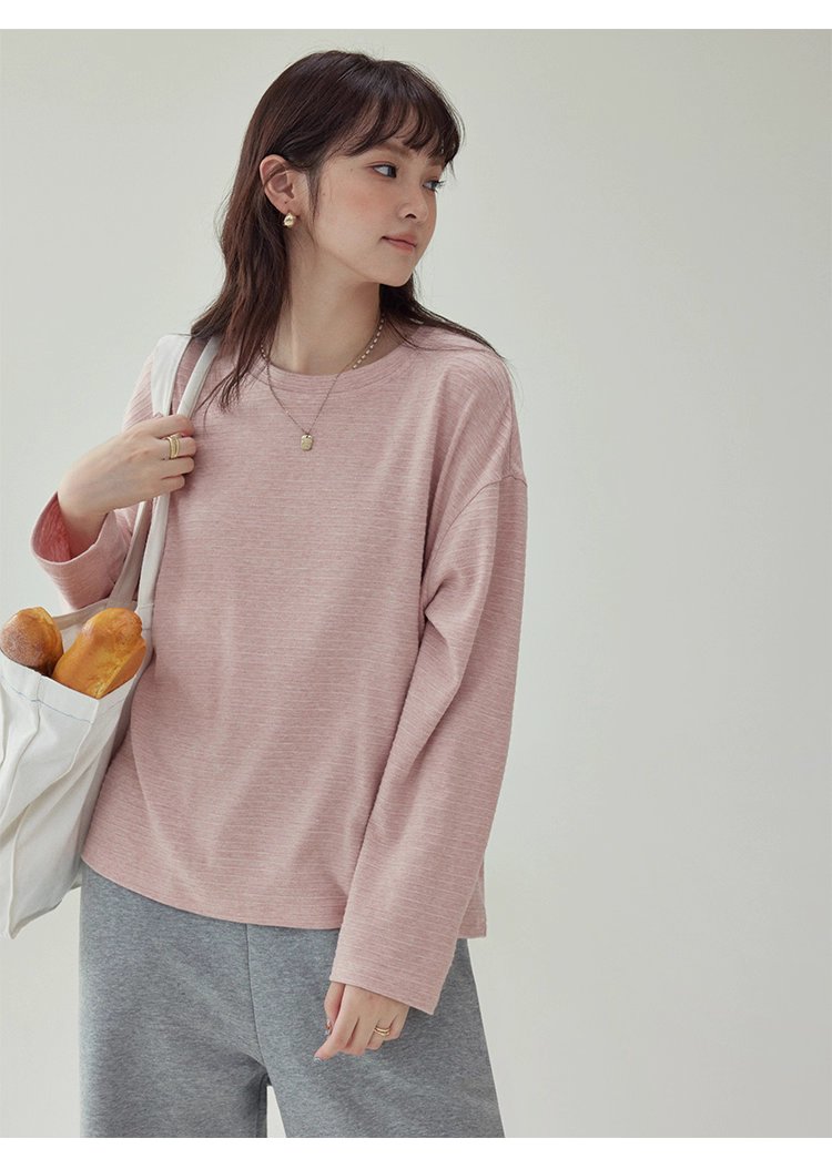 韓系藍線圓領長袖T恤女秋季新款簡約寬鬆上衣
