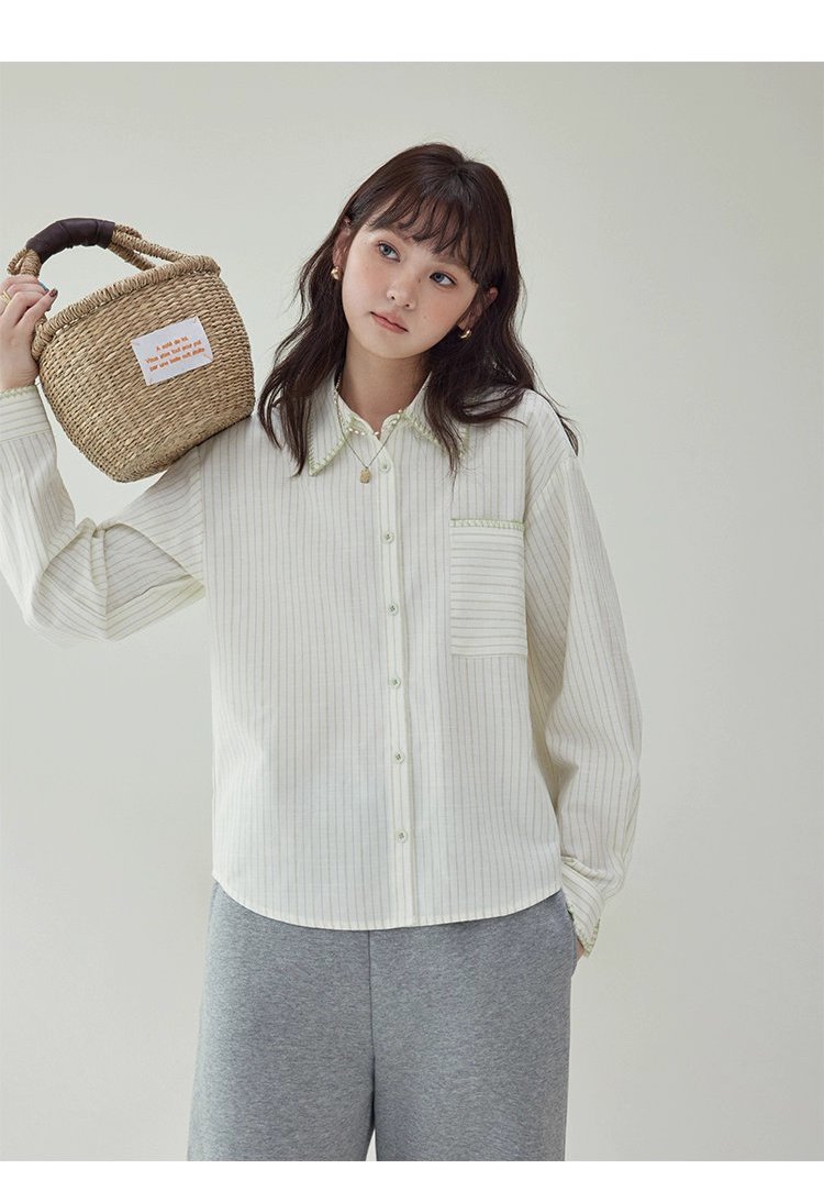 反線條單排扣長袖襯衫女秋季新款polo領寬鬆上衣