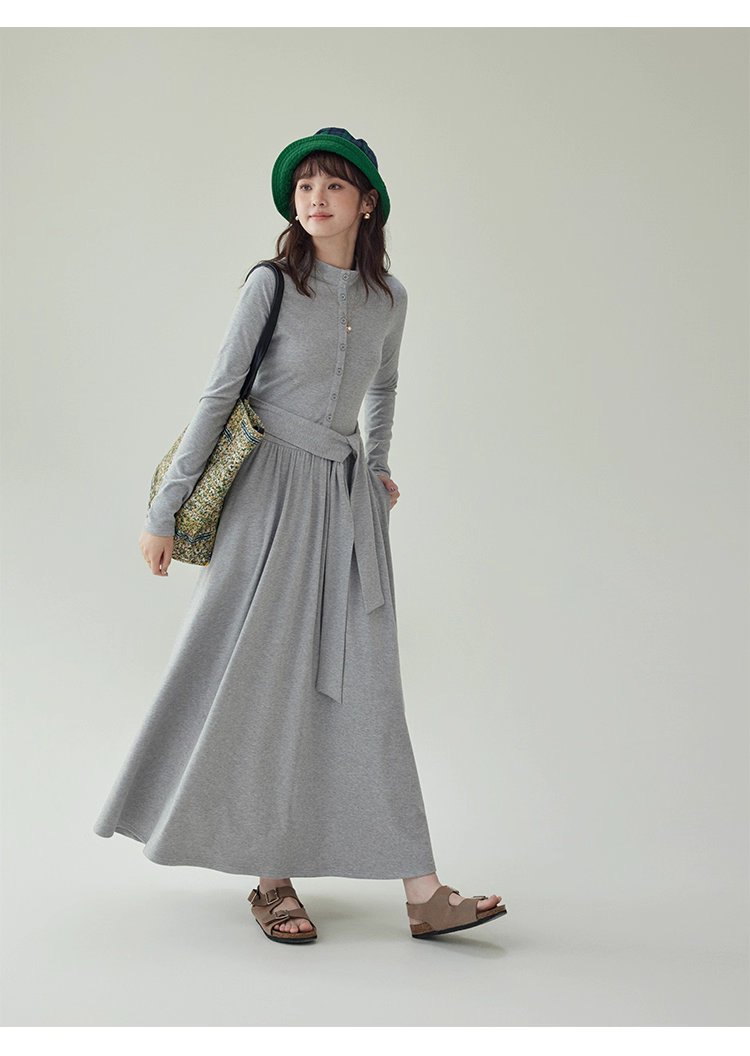 灰色修身高腰綁帶洋裝女秋新款長袖收腰T恤裙