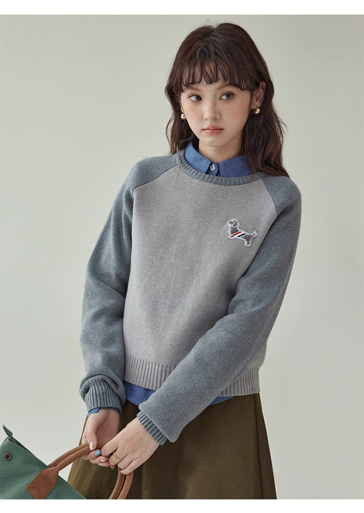 拼色插肩長袖短版針織衫女秋季新款小狗刺繡上衣