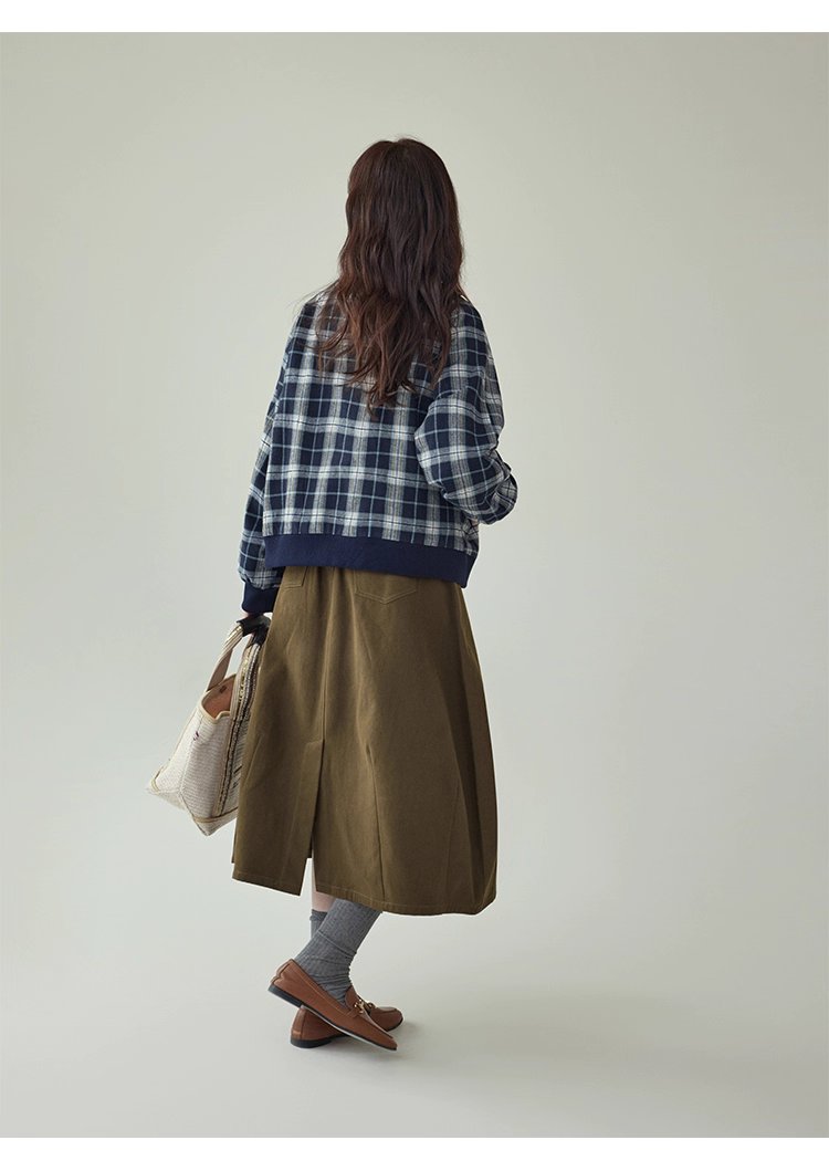 撞色格紋插肩袖摁扣外套女秋季新款長袖外套上衣