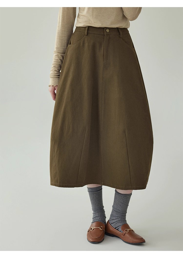 復古純色a字純棉半身裙女秋季新款後鬆緊花苞裙