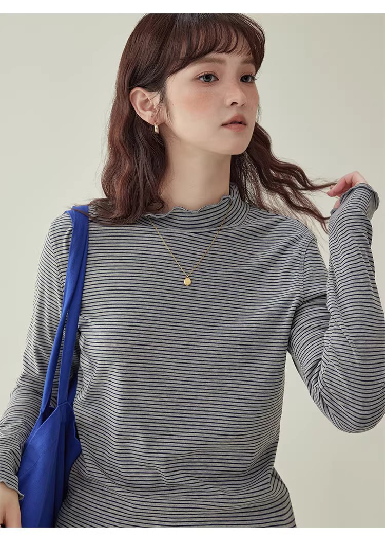 花邊半高領內搭T恤女冬季新款百搭條紋長袖上衣,花邊半高領內搭T恤女冬季新款百搭條紋長袖上衣,HBEW1153,花邊半高領內搭T恤女冬季新款百搭條紋長袖上衣,木耳邊,條紋造型