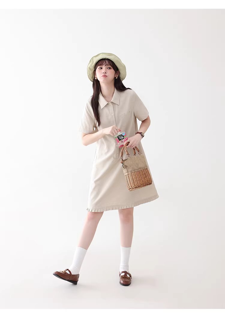 日系polo領花邊洋裝女26夏季新款a字襯衫短裙,日系polo領花邊洋裝女26夏季新款a字襯衫短裙,HBFS7018,日系polo領花邊洋裝女26夏季新款a字襯衫短裙,翻領排扣,天絲混棉