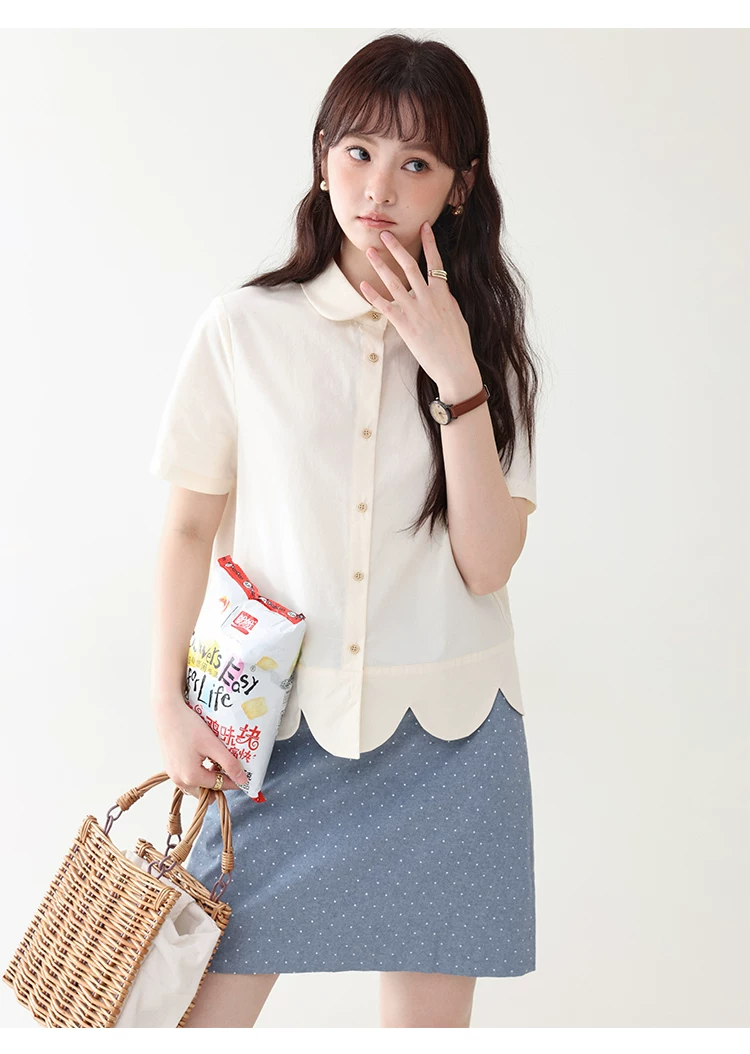 設計感波浪下擺純棉襯衫女夏新款減齡娃娃領上衣,設計感波浪下擺純棉襯衫女夏新款減齡娃娃領上衣,HBFS1112,設計感波浪下擺純棉襯衫女夏新款減齡娃娃領上衣,花邊衣襬,全棉面料