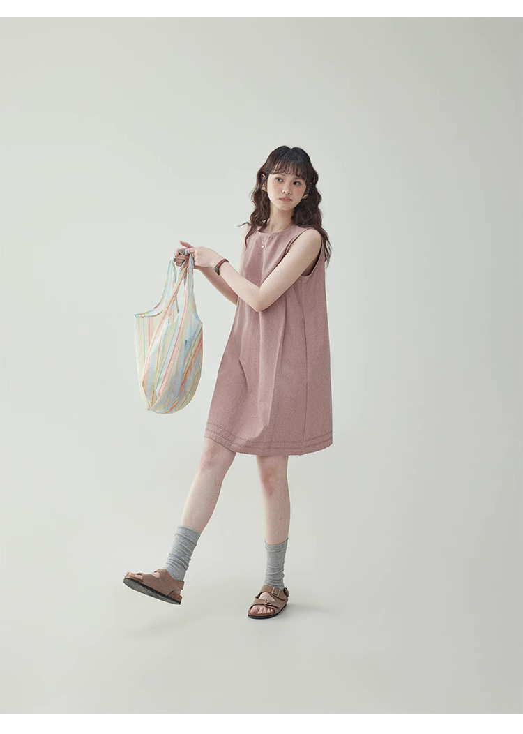 甜美粉紅無袖純棉洋裝女夏新款小個子背心短裙