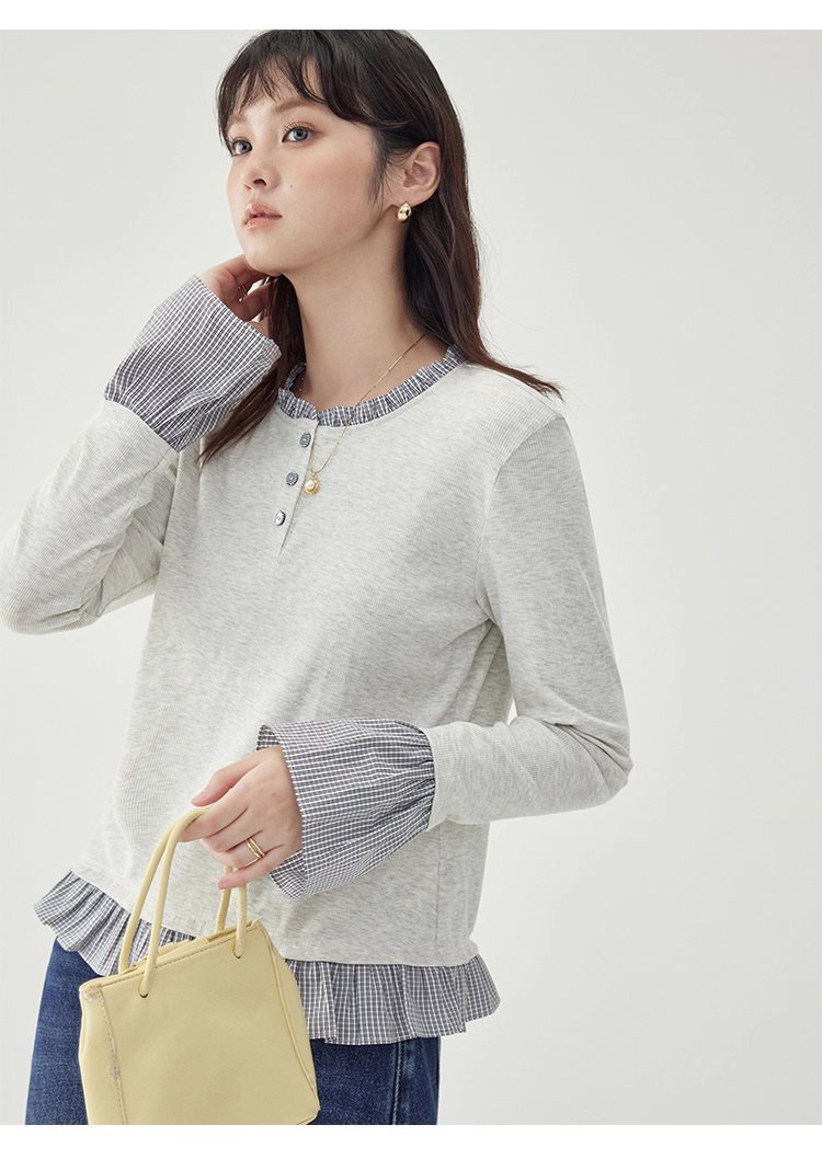 撞色拼接襯衫喇叭袖t卹女秋季新款寬鬆長袖上衣