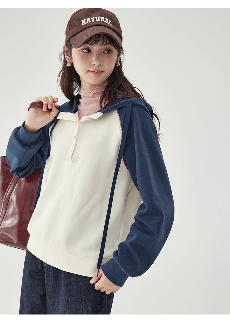 撞色插肩長袖連帽衛衣T恤女25秋季新款減齡上衣